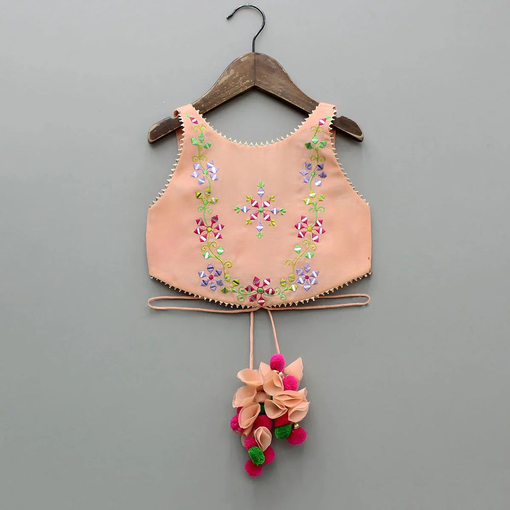 Girls Peach Chanderi Lehenga Set with Multicolor Mirror Embroidery