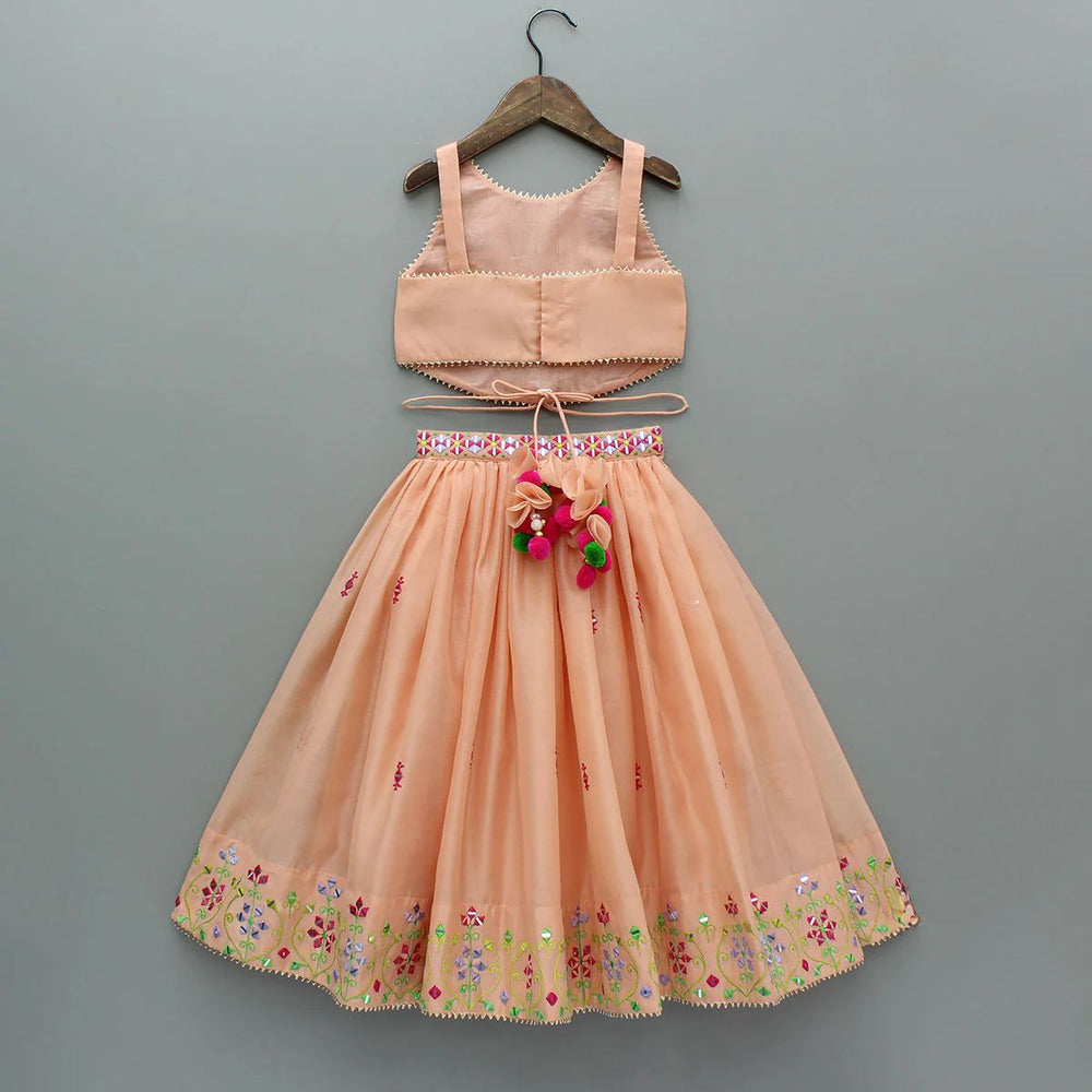 Girls Peach Chanderi Lehenga Set with Multicolor Mirror Embroidery