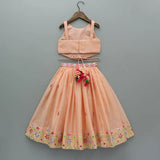 Girls Peach Chanderi Lehenga Set with Multicolor Mirror Embroidery