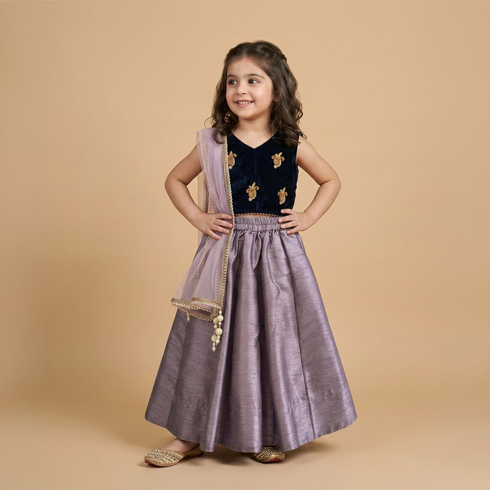 Girls navy blue velvet top with mauve raw silk lehenga and hand embroidered detailing with dupatta
