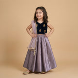 Girls navy blue velvet top with mauve raw silk lehenga and hand embroidered detailing with dupatta