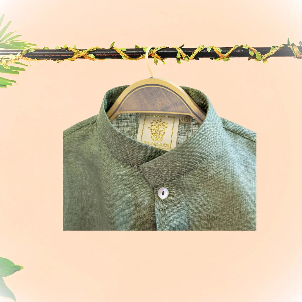 Olive green Pure linen with Embroidery cord set