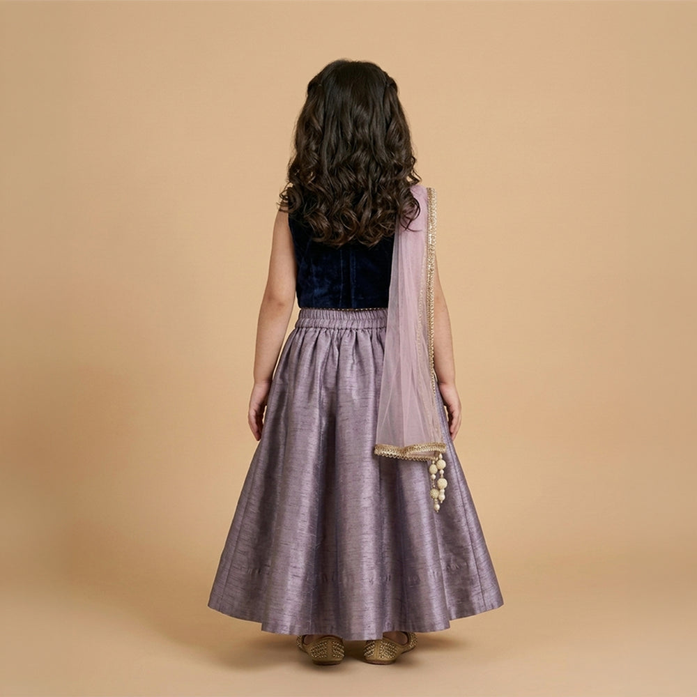 Girls navy blue velvet top with mauve raw silk lehenga and hand embroidered detailing with dupatta
