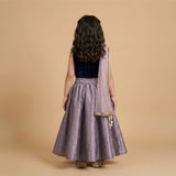Girls navy blue velvet top with mauve raw silk lehenga and hand embroidered detailing with dupatta