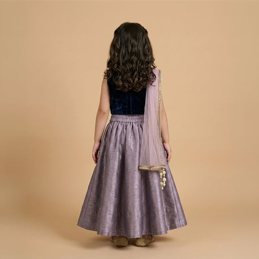 Girls navy blue velvet top with mauve raw silk lehenga and hand embroidered detailing with dupatta