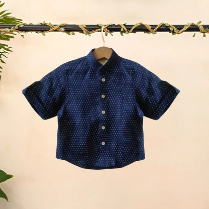 Pure Linen Navy Blue Polka Dot Shirt Set