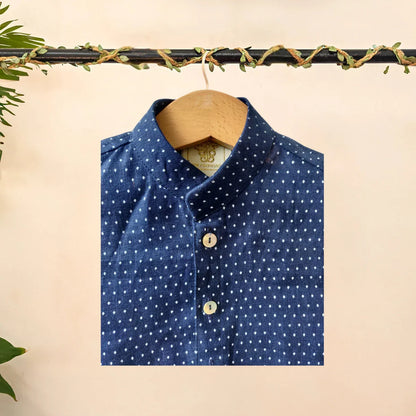 Pure Linen Navy Blue Polka Dot Shirt Set