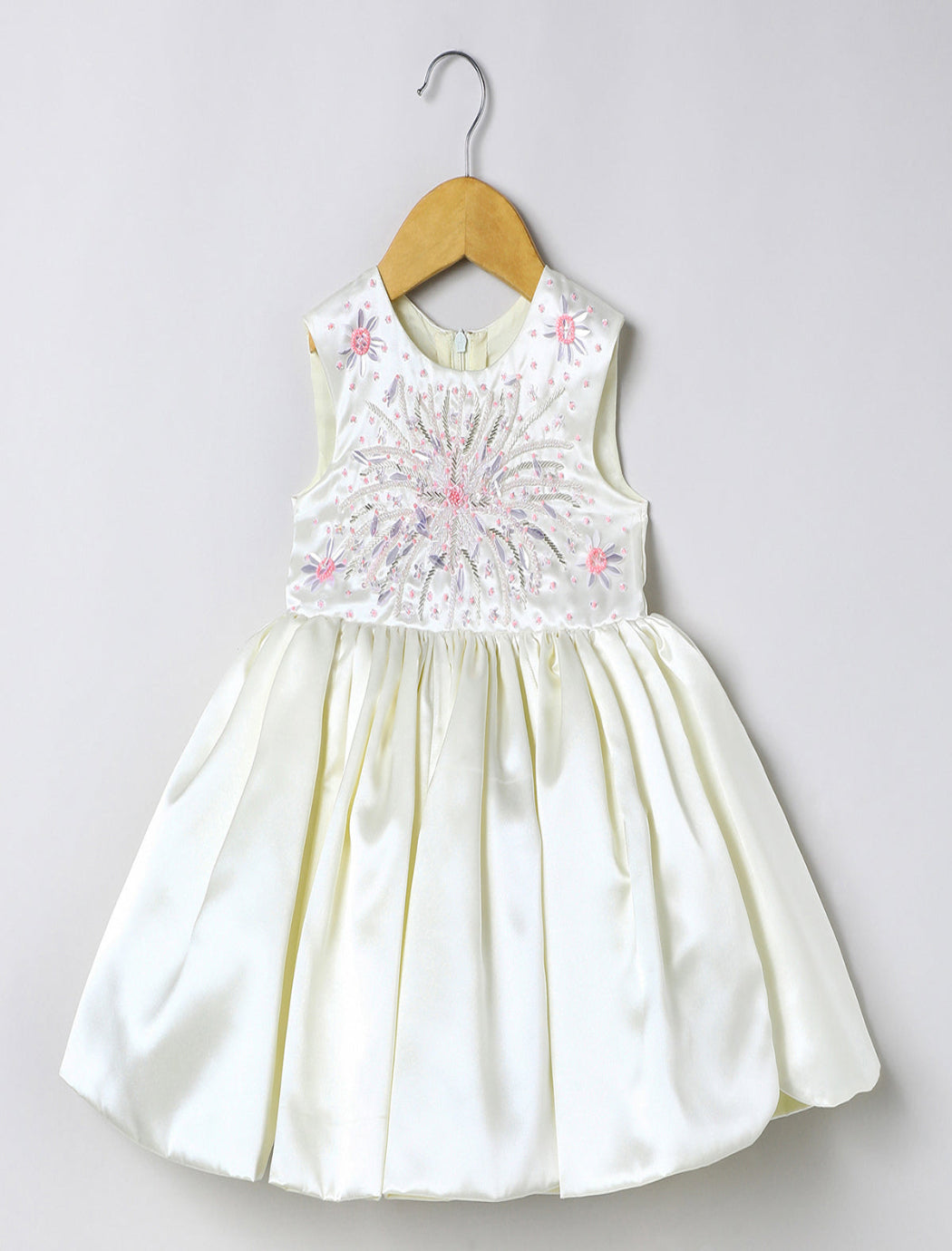 Off white satin girls party dress with hand bead embroidery