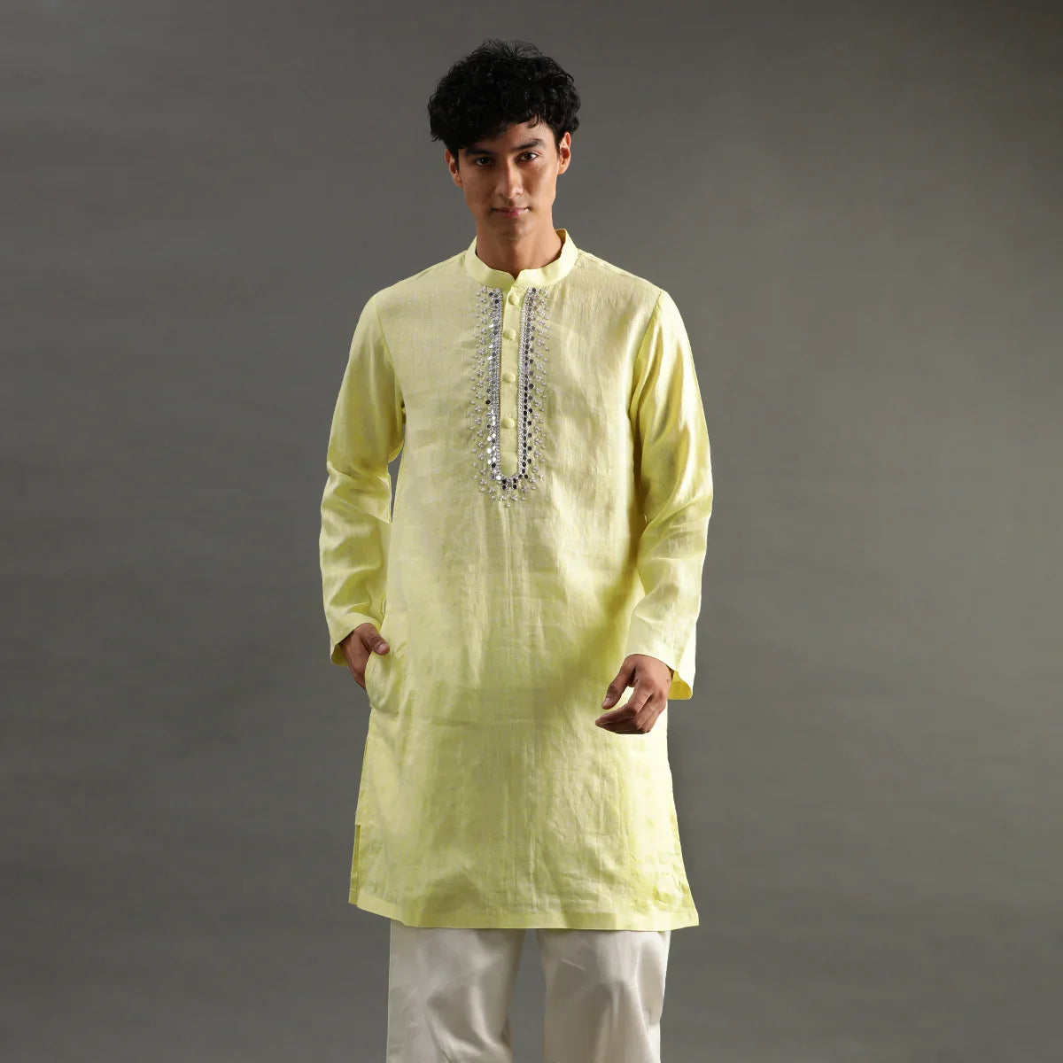 Lime Yellow Linen Kurta Pyjama Set for Men