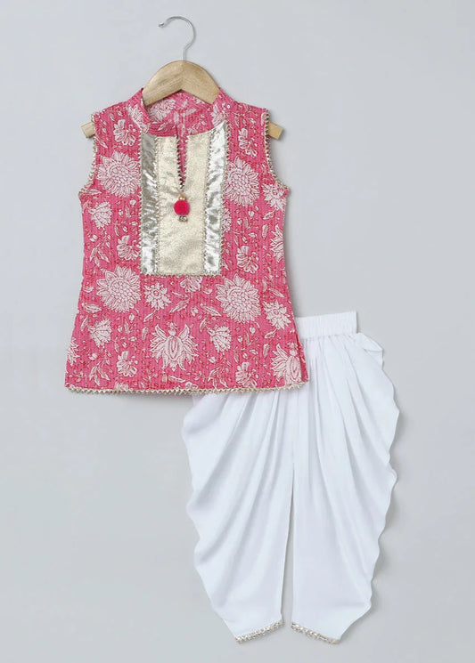 Pink & White Katha Stitch Kurti Dhoti Set for Girls