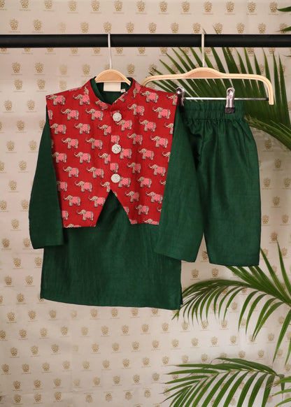 Dark Green & Red Jaipuri Ethnic Set for Boys