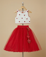 Load image into Gallery viewer, White &amp; Red Heart Embroidered Top Skirt Set for Girls | Cotton &amp; Tulle
