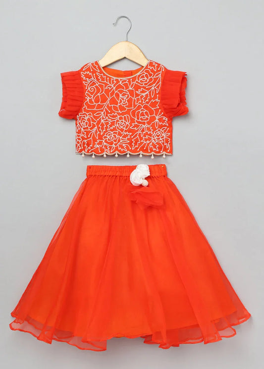 Bright Orange Organza Lehenga Set for Girls
