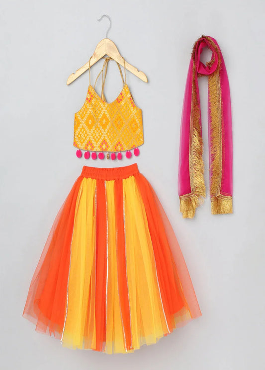 Chanderi Halter Neck Lehenga Set for Girls