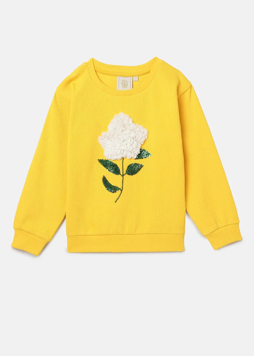 Yellow 3D Floral Embroidered Cotton Sweatshirt