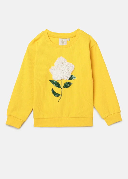 Yellow 3D Floral Embroidered Cotton Sweatshirt