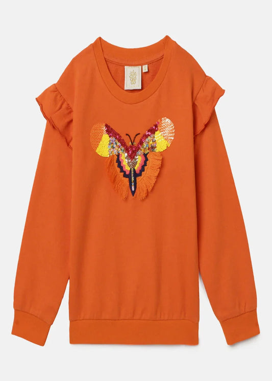 Orange Sweatshirt with Sequin Butterfly Embroidery