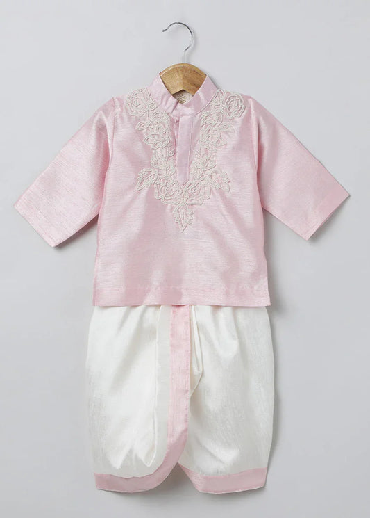 Baby Pink Raw Silk Kurta-Dhoti Set for Boys with Pearl Embroidery