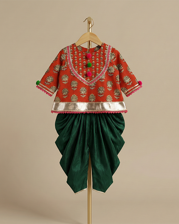 Red cotton kurta dhoti set for girls with gota work