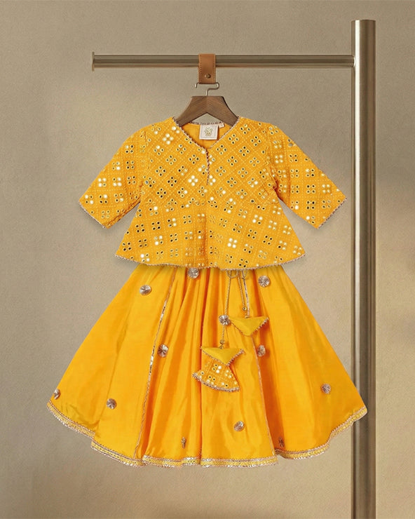 Yellow & gold mirror work lehenga set for girls | georgette & art silk