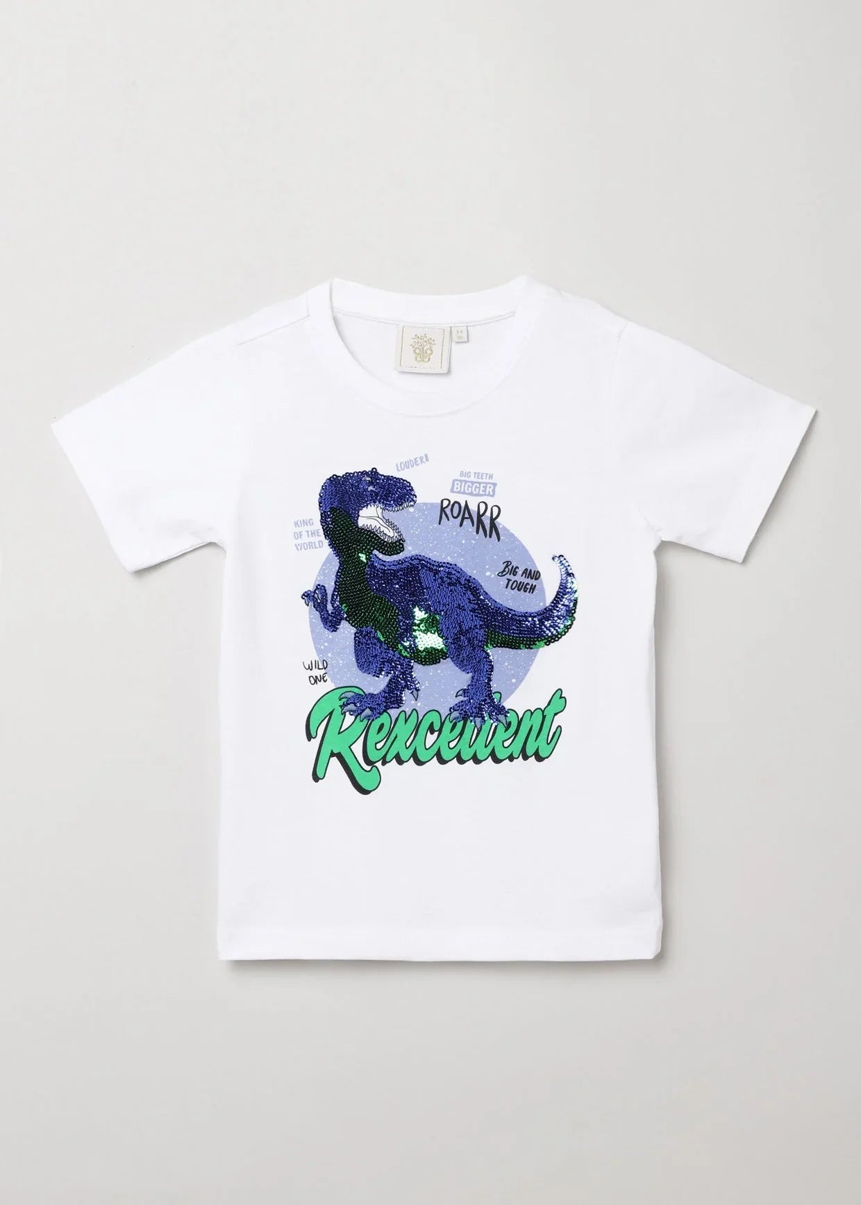 White Sequin Dinosaur Graphic T-Shirt for Kids