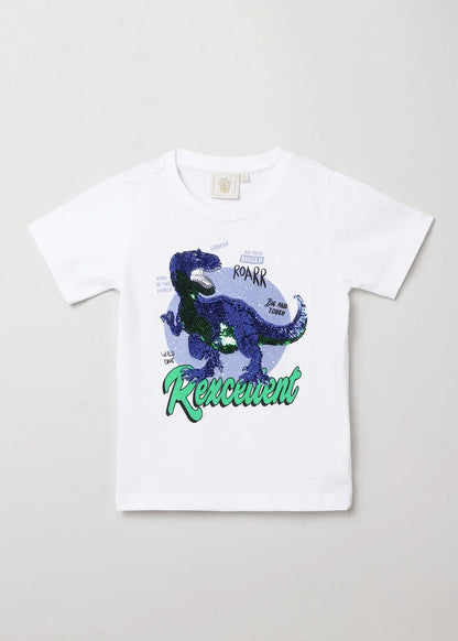 White Sequin Dinosaur Graphic T-Shirt for Kids