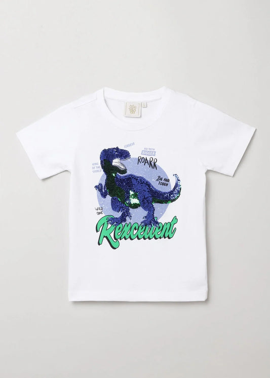 White Sequin Dinosaur Graphic T-Shirt for Kids