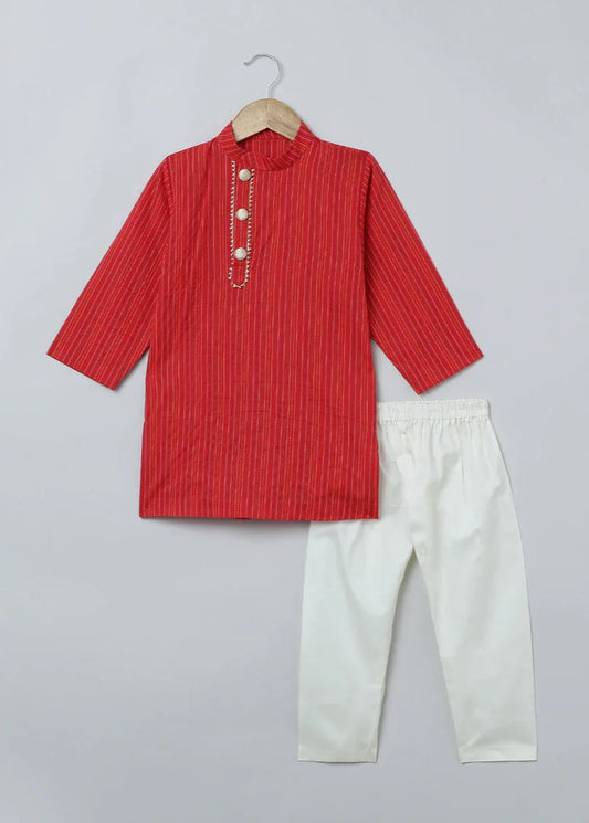 Red & White Katha Stitch Kurta Pyjama Set for Boys