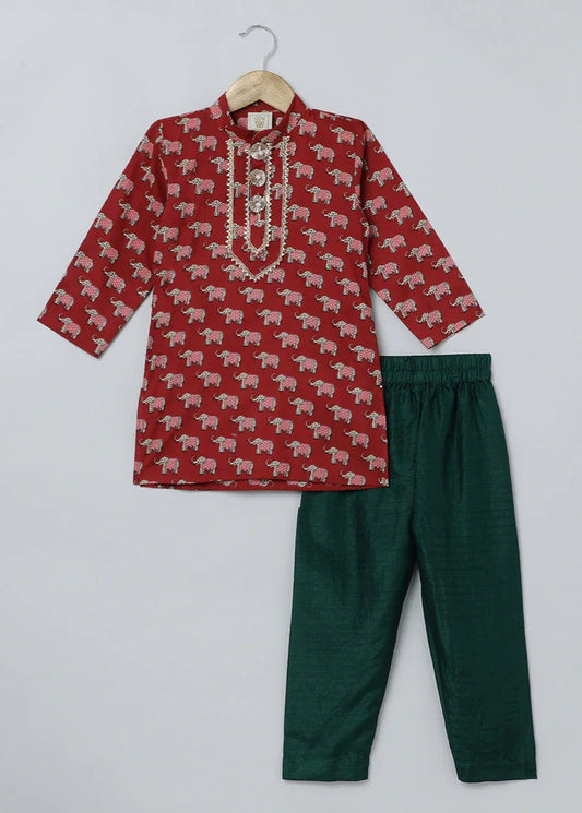 Jaipuri Elephant Print Red Kurta Pyjama Set for Boys