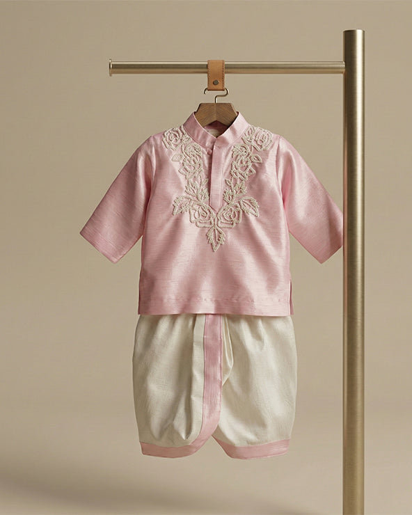 Baby pink raw silk kurta dhoti set for boys with pearl embroidery
