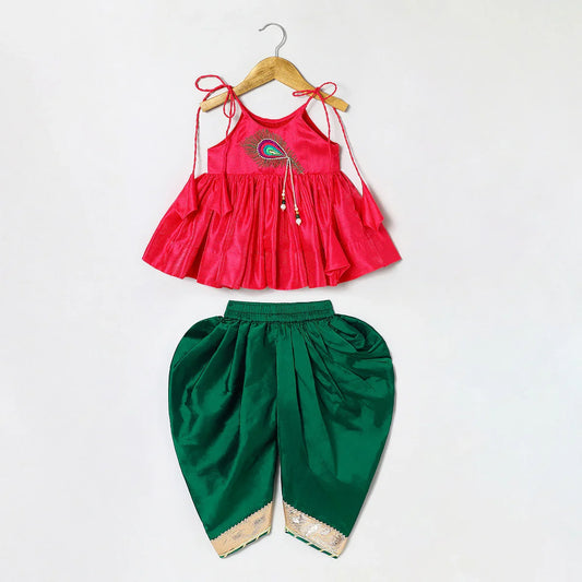 Fucshia pink tissue silk Mayurpankh pearls embroidery with taffeta Green Dhoti