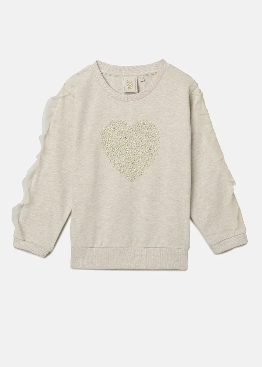 Ecru Melange Sweatshirt with Pearl Heart Embroidery