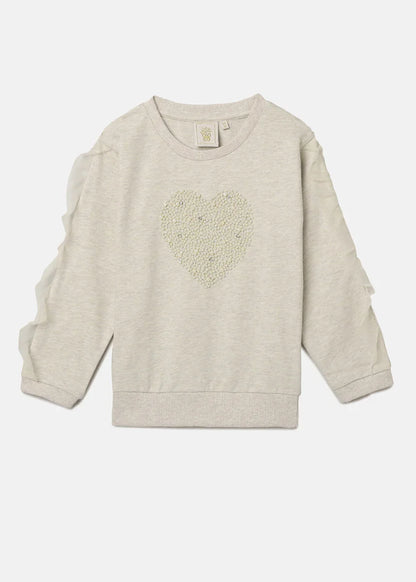 Ecru Melange Sweatshirt with Pearl Heart Embroidery