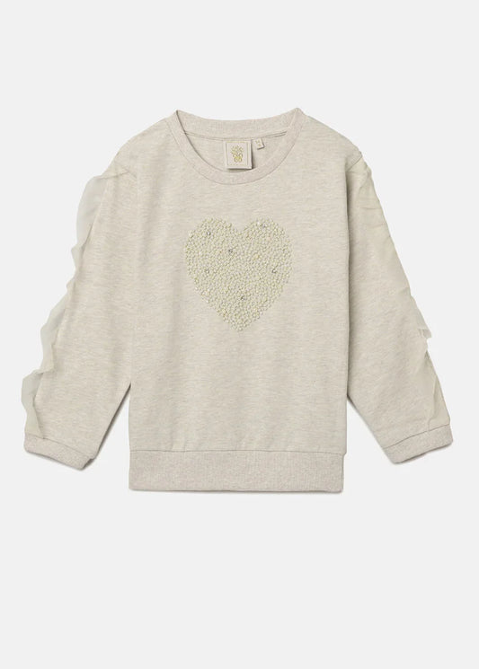Ecru Melange Sweatshirt with Pearl Heart Embroidery