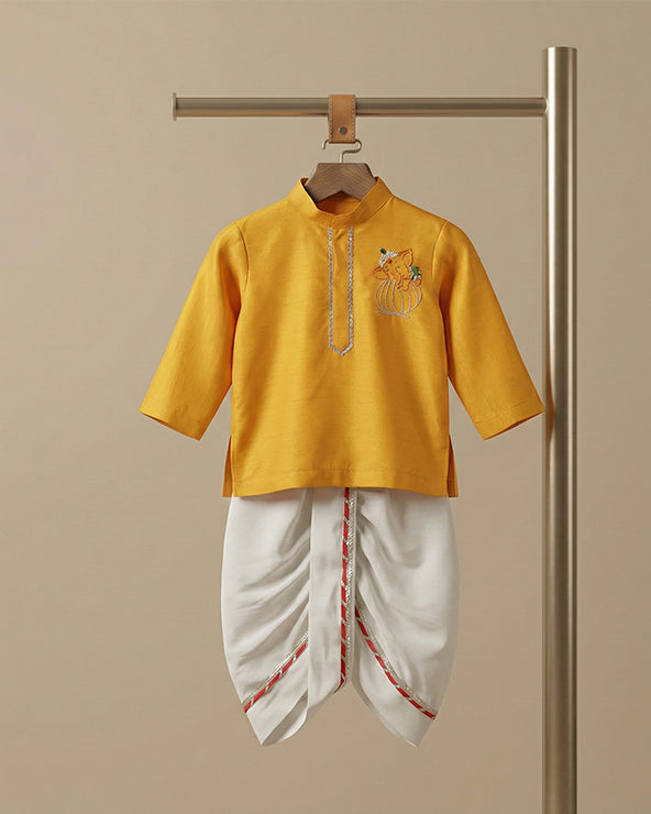 Dola silk kurta & dhoti set with pearl embellished ganesha embroidery