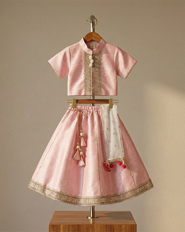 Baby pink raw silk top & skirt set for girls with golden embroidery