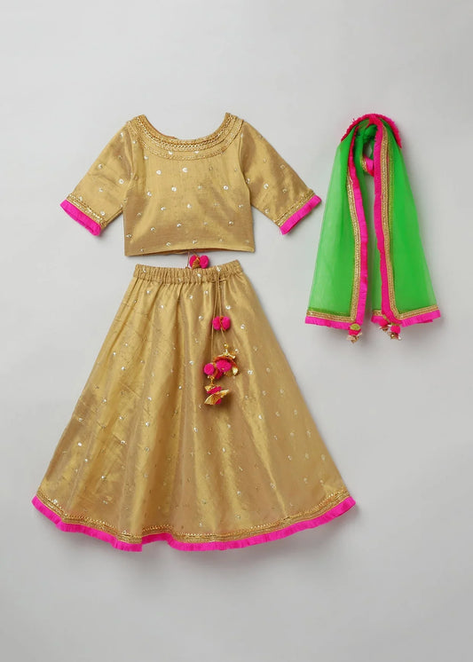 Golden Lehenga Set with Hot Pink Border