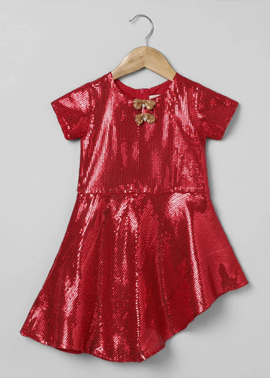 Red Sequin Party Dress with Gold Bow Accents