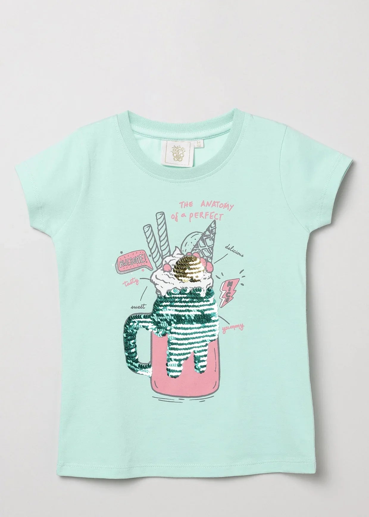 Fresh Teal Reversible Sequin Drink Print T-Shirt for Girls
