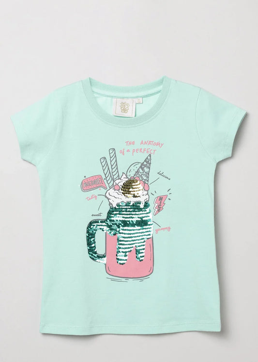 Fresh Teal Reversible Sequin Drink Print T-Shirt for Girls