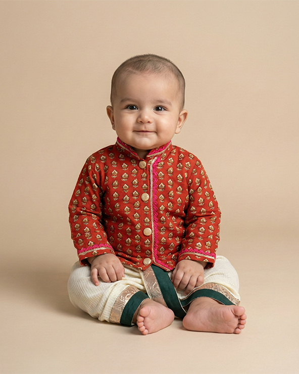 Red & off white pure cotton kurta dhoti set for baby boys