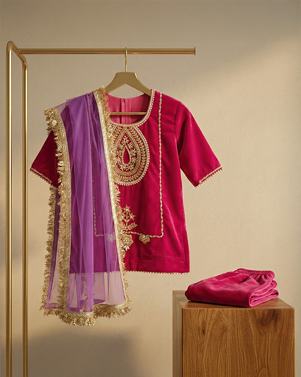 Magenta Pink Velvet Kurta Salwar Set for Girls with Dupatta