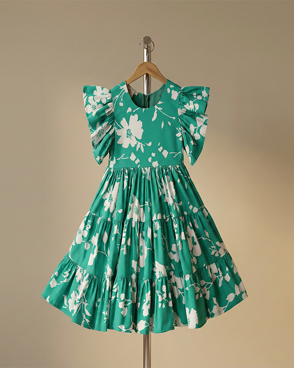 Green Floral Cotton Dress for Girls