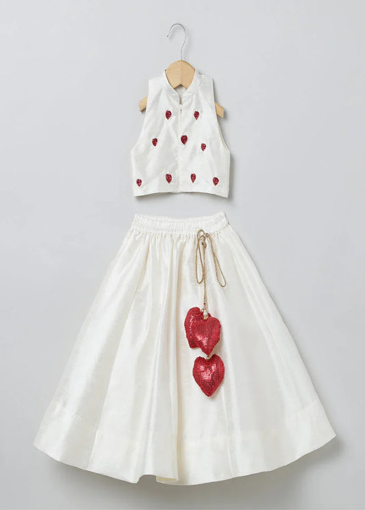 White & Red Heart Skirt and Top Set