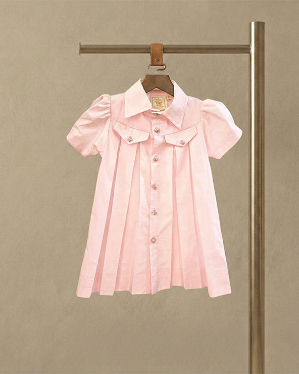 Baby pink paper poplin dress for infants | soft pleated shirt style dress