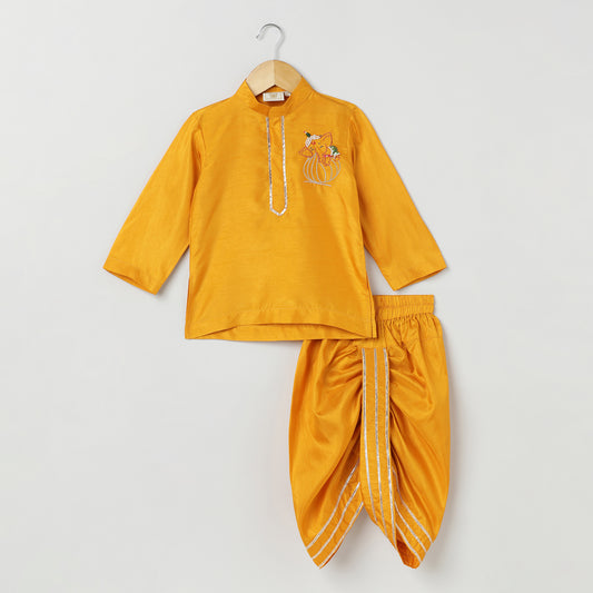 BYB PREMIUM Dola silk pearls  embellished Ganesha embroidery Kurta and Dhoti  set