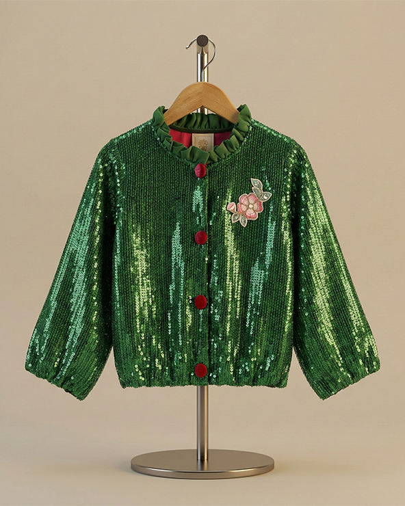 Emerald Green Sequin Jacket for Girls with Soft Lining