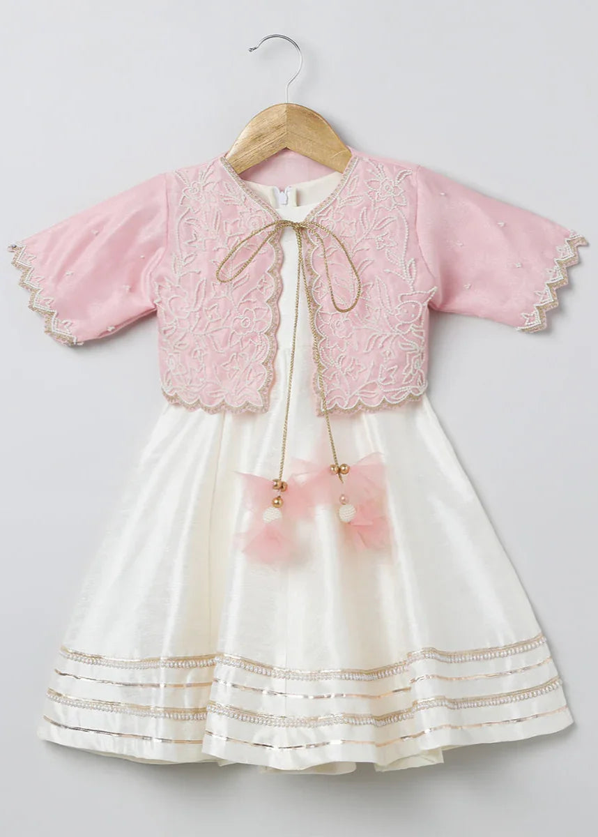 Baby Pink & White Dress with Embroidered Jacket for Girls