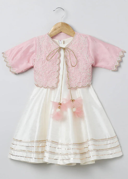 Baby Pink & White Dress with Embroidered Jacket for Girls
