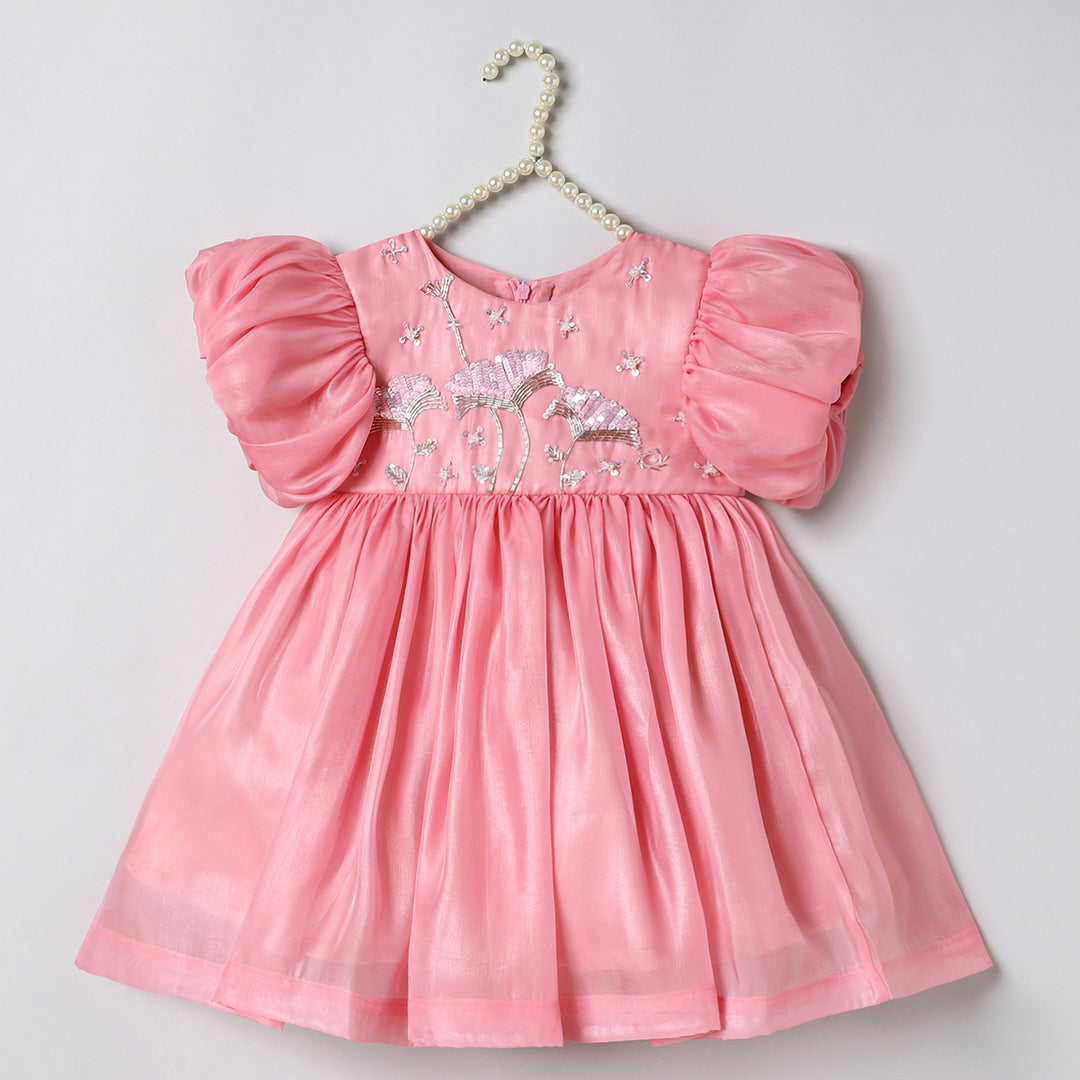 Baby Pink Tissue Girls Party Dress with Puff Sleeves & Floral Embroidery